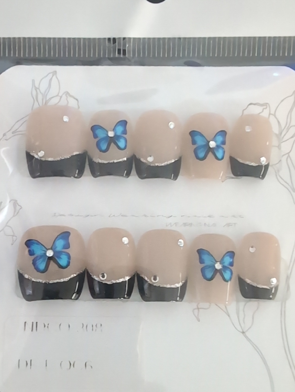 Blue Butterfly Accent Press-On Nails — Nude & Black French
